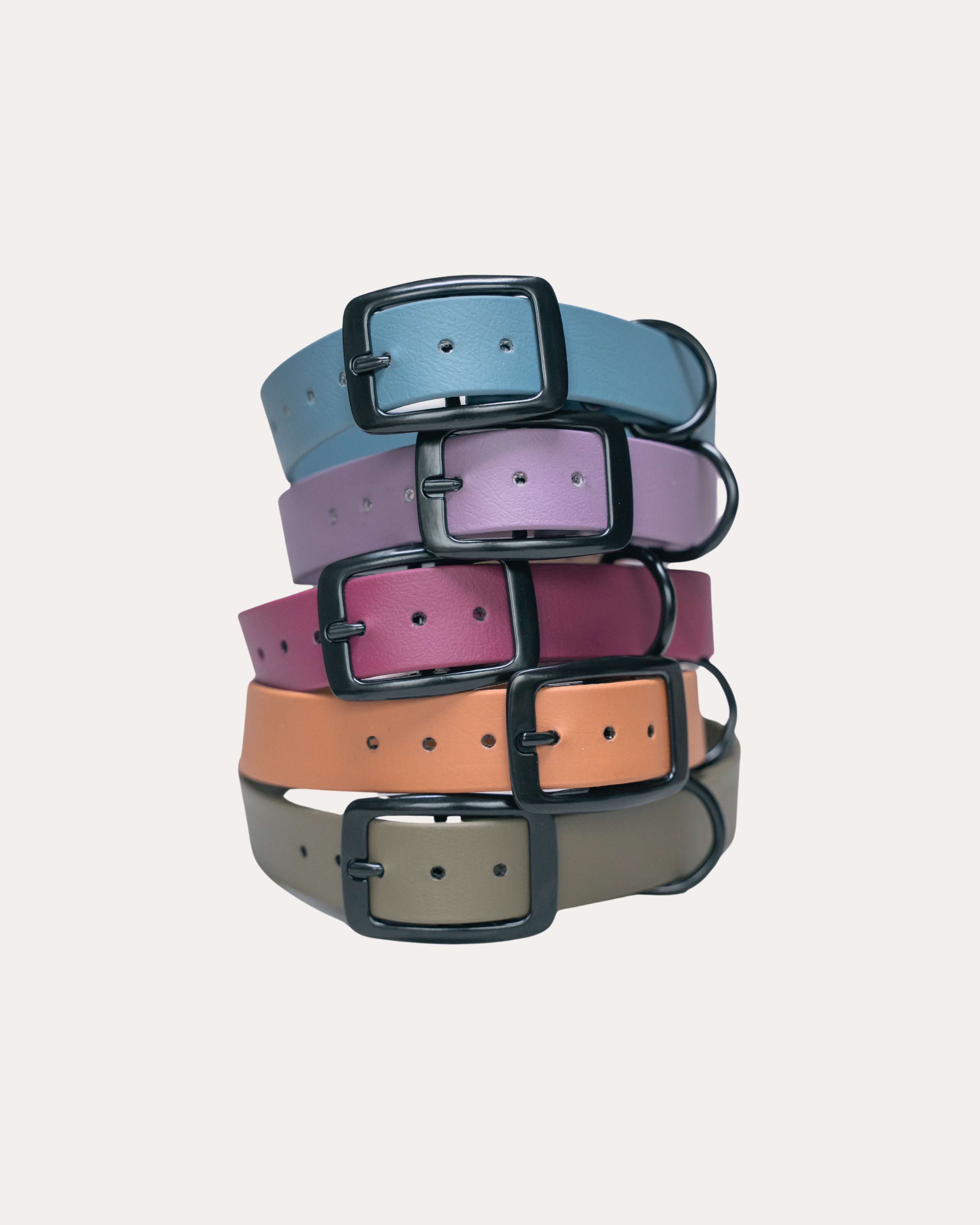 Gekleurde halsbanden voor hond met zwart metalen sluiting.